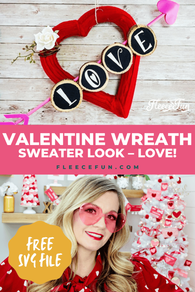 Valentine wreath DIY using fleecefun's free template and tutorial for a cozy red sweater design.
