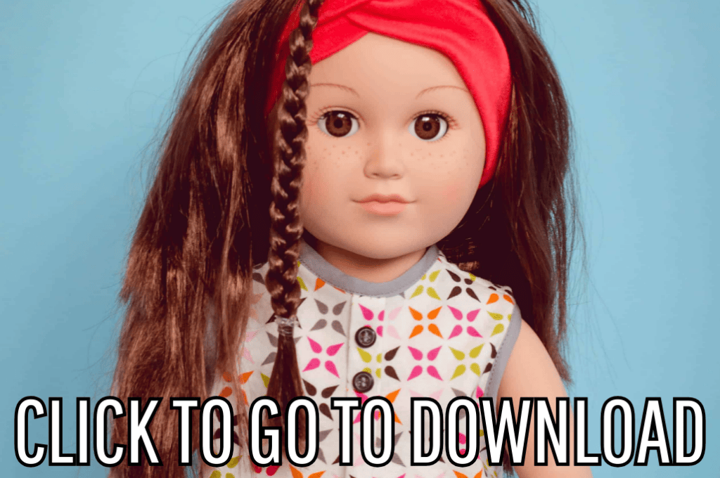 an 18 Inch Doll Button Tunic, perfect for doll fashion and gifts, made with free pattern and step by step tutorial from fleece fun, with the text "CLICK TO GO TO DOWNLOAD" displayed at the bottom.