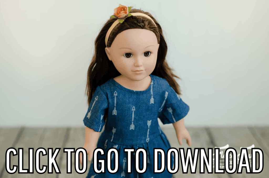 18 inch doll chambray party dress, perfect for doll fashion, and gifts, made with free pattern and step by step tutorial from fleece fun, with the text "CLICK TO GO TO DOWNLOAD" displayed at the bottom.