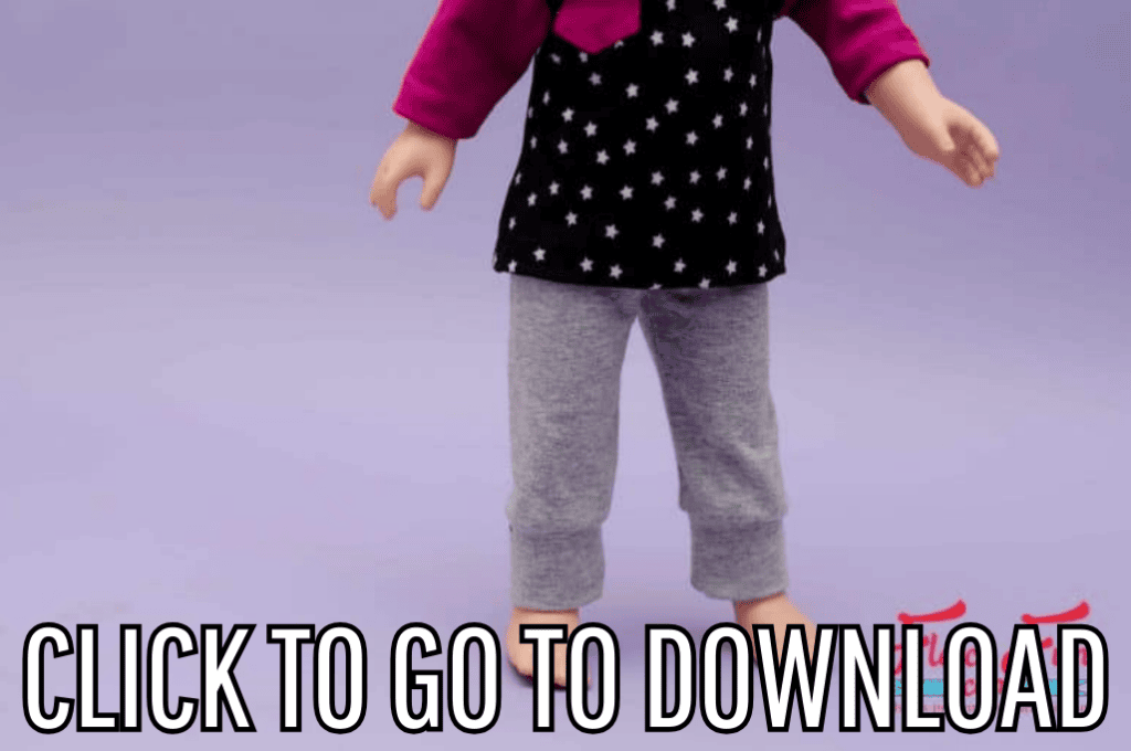 18 inch doll knit joggers pants, perfect for doll fashion, and gifts, made with free pattern and step by step tutorial from fleece fun, with the text "CLICK TO GO TO DOWNLOAD" displayed at the bottom.