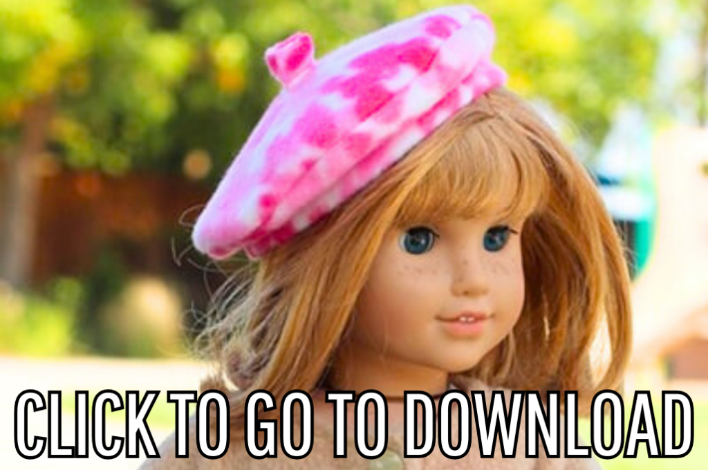 18 inch doll peplum coat and hat, perfect for doll fashion, and gifts, made with free sewing pattern and step by step tutorial from fleece fun, with the text "CLICK TO GO TO DOWNLOAD" displayed at the bottom.