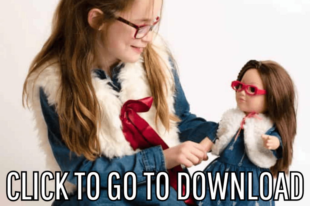 18 inch doll fur vest, perfect for doll fashion, and gifts, made with free pattern and step by step tutorial from fleece fun, with the text "CLICK TO GO TO DOWNLOAD" displayed at the bottom.