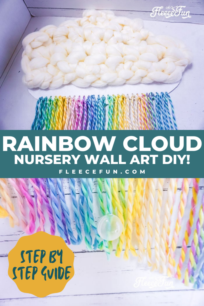 DIY nursery wall hanging featuring a colorful rainbow and fluffy cloud by fleecefun with free template and tutorial.