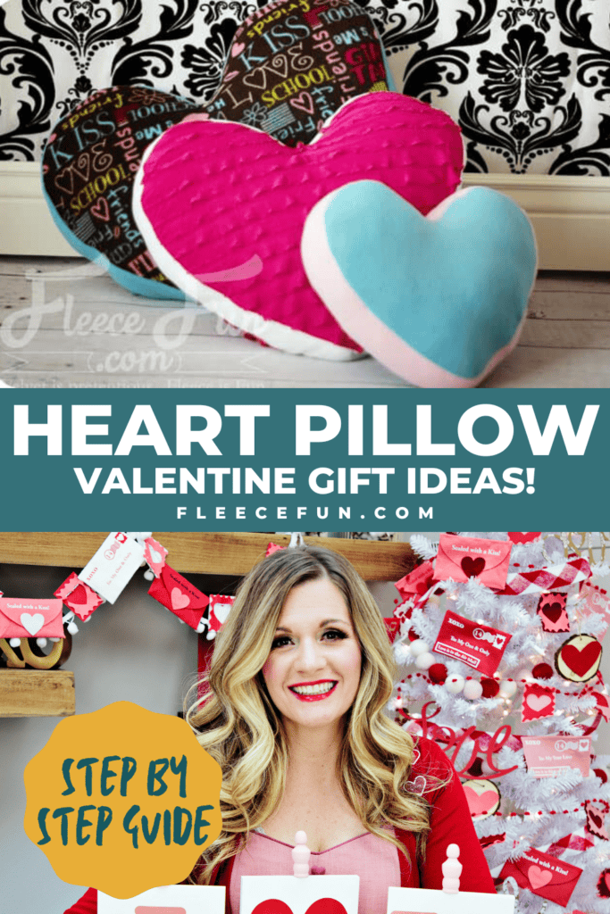 Heart-shaped pillow with ruffled fabric, created with the fleecefun free pattern and instructions.