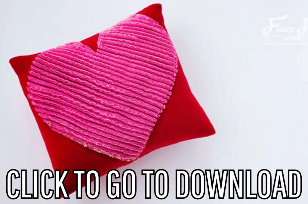 a chenille heart pillow, perfect for valentine's day decorations, and handmade gifts, made with free sewing pattern and step by step tutorial from fleece fun, with the text "CLICK TO GO TO DOWNLOAD" displayed at the bottom.