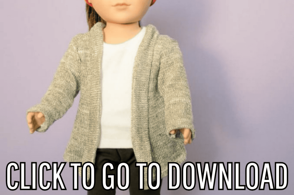 a Doll Sweater Cardigan, perfect for doll fashion and gifts for kids, made with free pattern and step by step tutorial, from fleece fun, with the text "CLICK TO GO TO DOWNLOAD" displayed at the bottom.