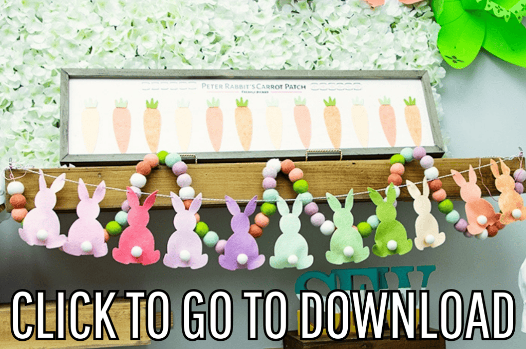 an Easter bunny and egg banner, perfect for festive Easter decorations, and events like egg hunts or Easter parties, made with free pattern and step by step tutorial from fleece fun, with the text "CLICK TO GO TO DOWNLOAD" displayed at the bottom.