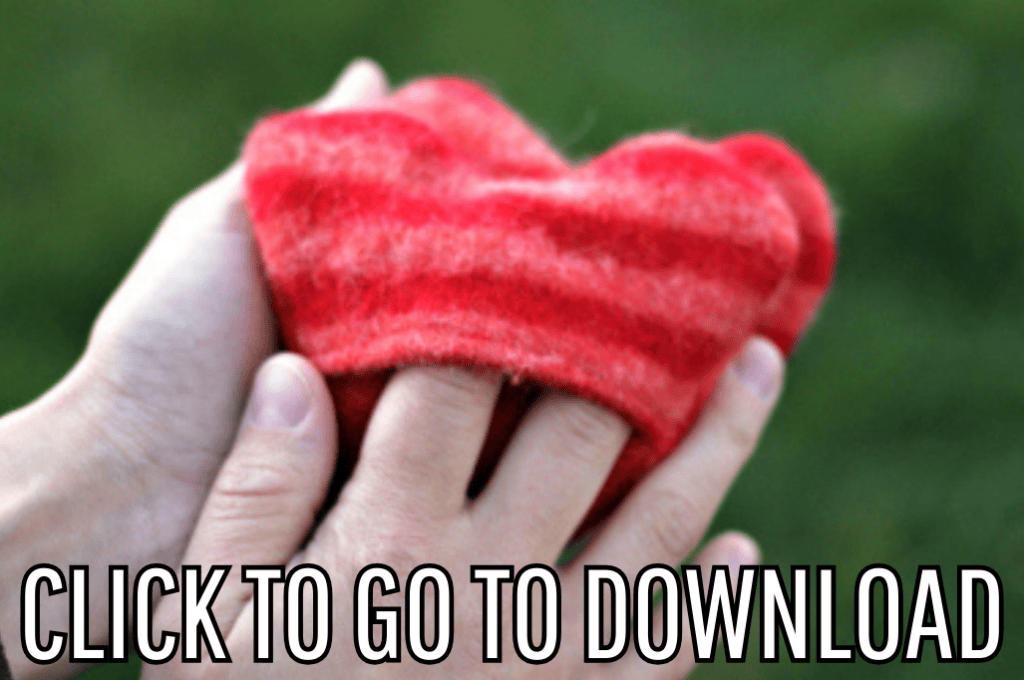 heart hand warmers, perfect for winter, stocking stuffer, and handmade gifts, made with step by step tutorial from fleece fun, with the text "CLICK TO GO TO DOWNLOAD" displayed at the bottom.
