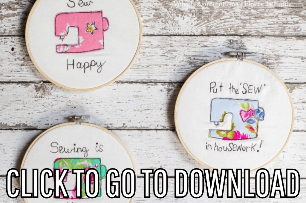 a sewing machine hoop art, perfect for handmade gifts, made with free pattern and step by step tutorial from fleece fun, with the text "CLICK TO GO TO DOWNLOAD" displayed at the bottom.
