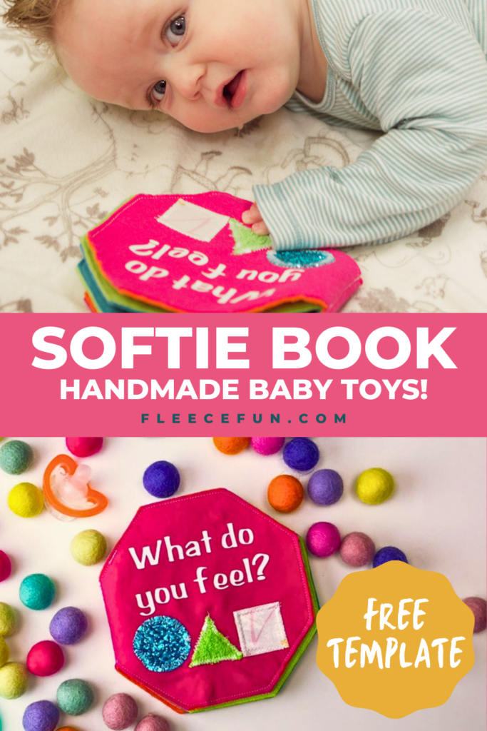 Softie book baby toy made using fleecefun free template and tutorial