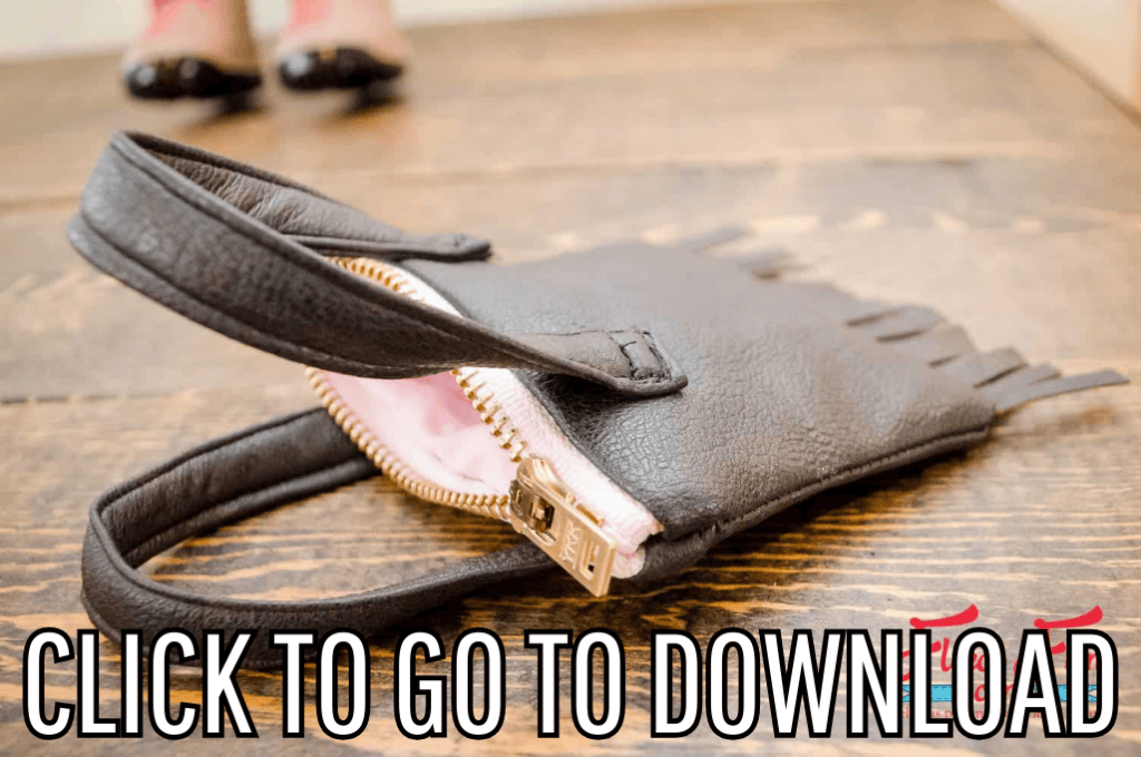 an 18 inch doll leather fringe purse, perfect for doll accessory, and handmade gift for kids, made with free pattern and step by step tutorial, from fleece fun, with the text "CLICK TO GO TO DOWNLOAD" displayed at the bottom.