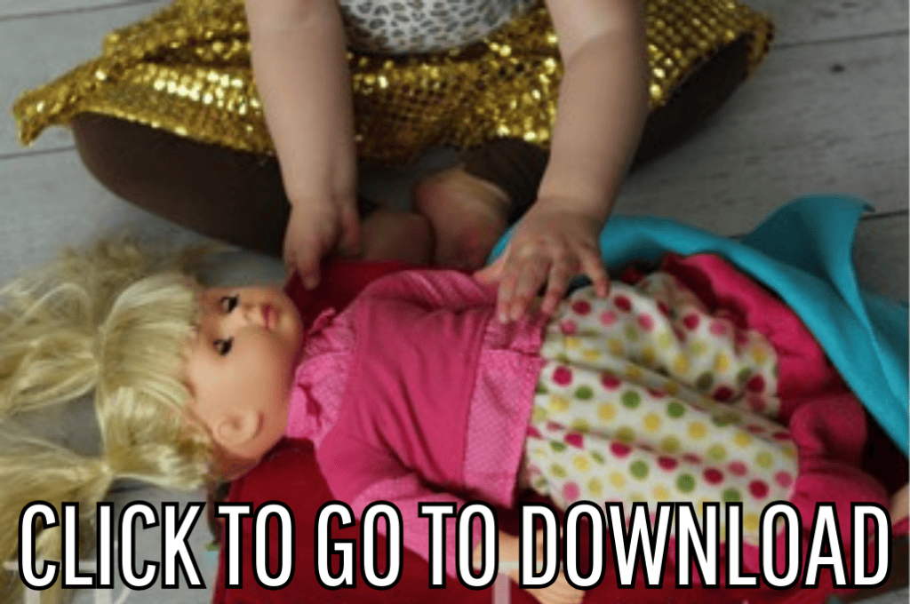 a Doll Sleeping Bag Pack, perfect for doll accessories, pretend play, travel, and gift ideas, made with free pattern and step by step tutorial, from fleece fun, with the text "CLICK TO GO TO DOWNLOAD" displayed at the bottom.