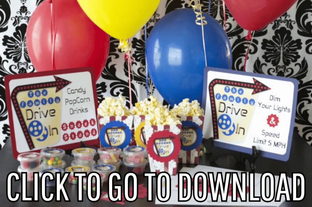 a Free Printable Drive in Theater Signs, perfect for drive in theater party and summer playtime, made with free printable and step by step tutorial, from fleece fun, with the text "CLICK TO GO TO DOWNLOAD" displayed at the bottom.