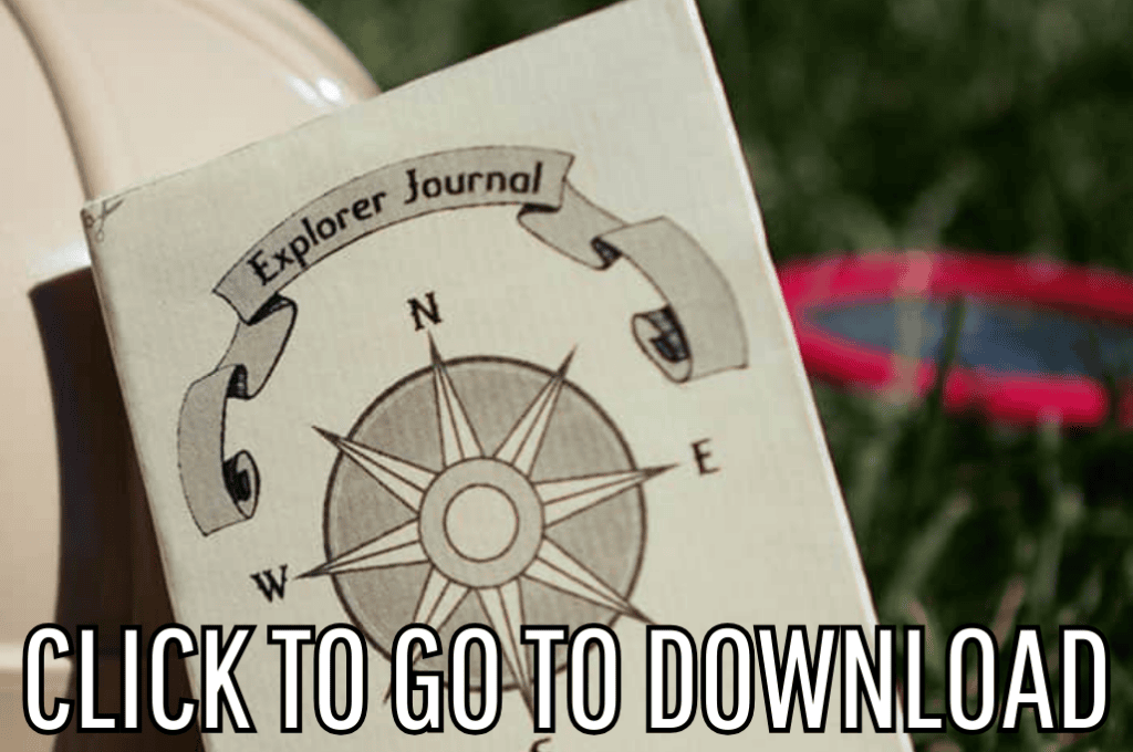 a Free Printable Kids Explorer Journal, perfect for parties, summer play time, and kid explorers, made with free template and step by step tutorial, from fleece fun, with the text "CLICK TO GO TO DOWNLOAD" displayed at the bottom.