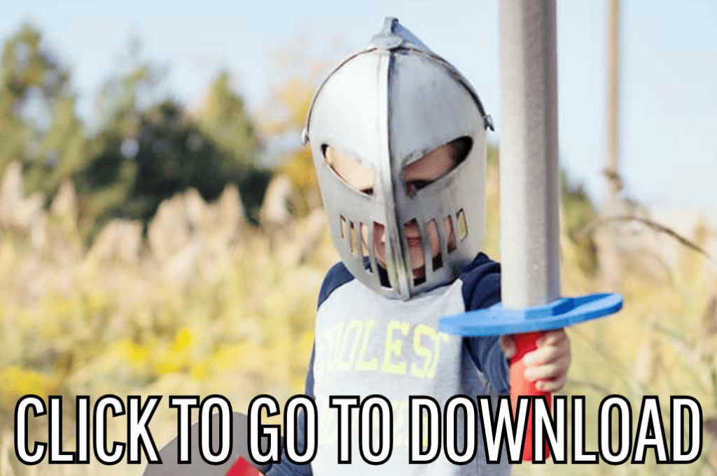 a knight helmet and shield, perfect for playtimes, and halloween accessories, made with free SVG file and step by step tutorial, from fleece fun, with the text "CLICK TO GO TO DOWNLOAD" displayed at the bottom.