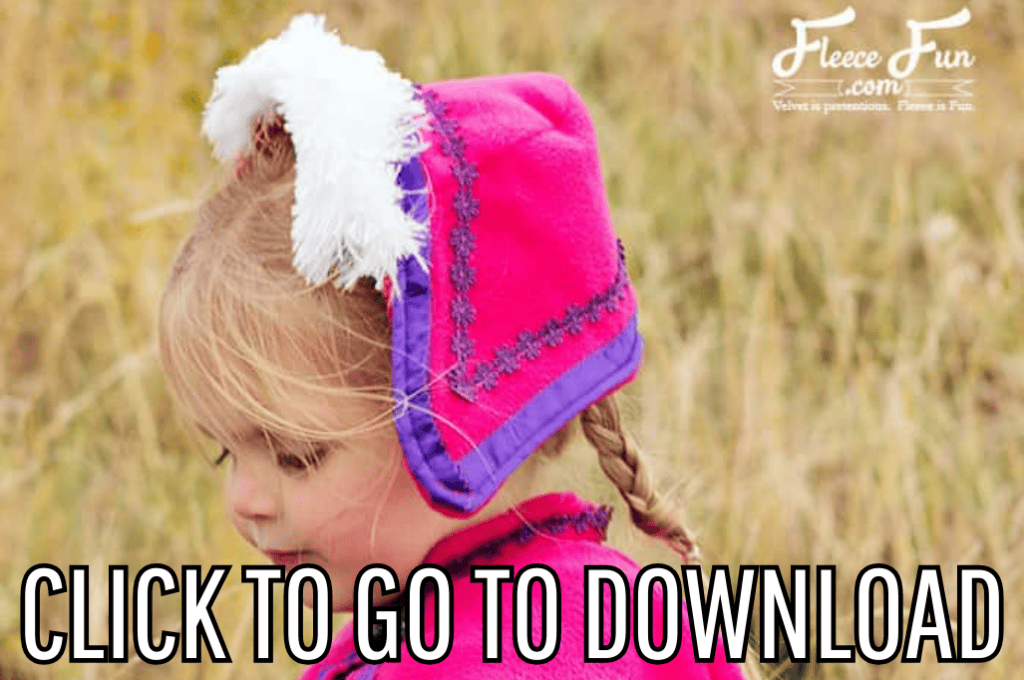 a princess anna hat, perfect for Halloween and costume party, made with free sewing pattern and step by step tutorial, from fleece fun, with the text "CLICK TO GO TO DOWNLOAD" displayed at the bottom.