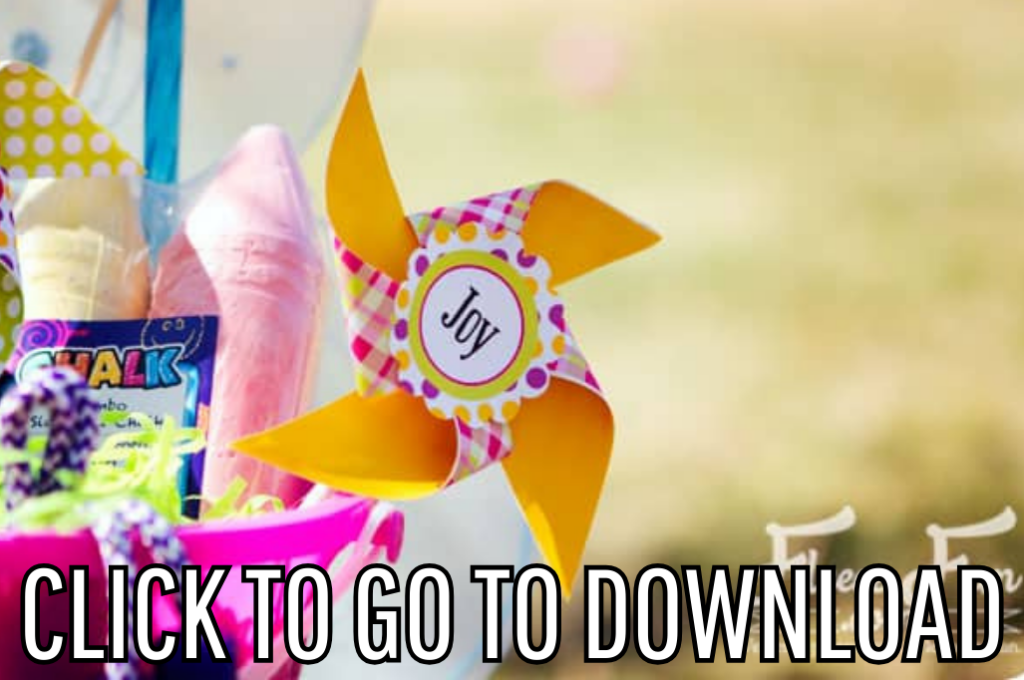 a spring pinwheels printable, perfect for kids' crafts, spring party decorations, cupcake toppers, and outdoor fun, perfect way to dress up a basket (or bucket) full of goodies, made with free printable and step by step tutorial, from fleece fun, with the text "CLICK TO GO TO DOWNLOAD" displayed at the bottom.