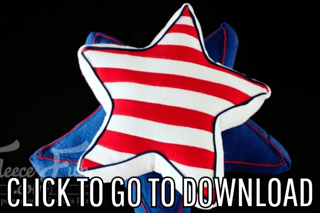 a Star In Stripes Forever Pillow, perfect for patriotic decor, 4th of July, home decor, holiday decorations, and American-themed gifts, made with free pattern and step by step tutorial, from fleece fun, with the text "CLICK TO GO TO DOWNLOAD" displayed at the bottom.