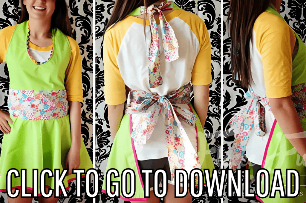 Teens and Tweens Apron, perfect for baking, cooking, crafting, or gardening, making it an ideal addition to kitchen essentials, DIY projects, and gift ideas, made with free pattern and step by step tutorial, from fleece fun, with the text "CLICK TO GO TO DOWNLOAD" displayed at the bottom.