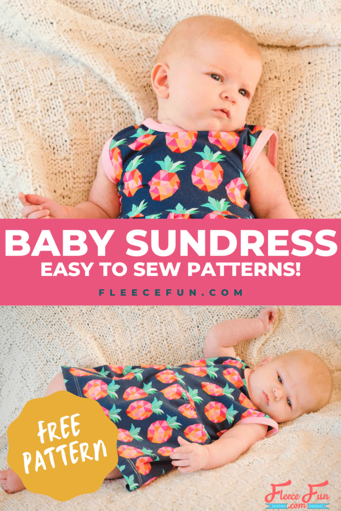 DIY baby sundress in bright floral fabric made with fleecefun free template and tutorial