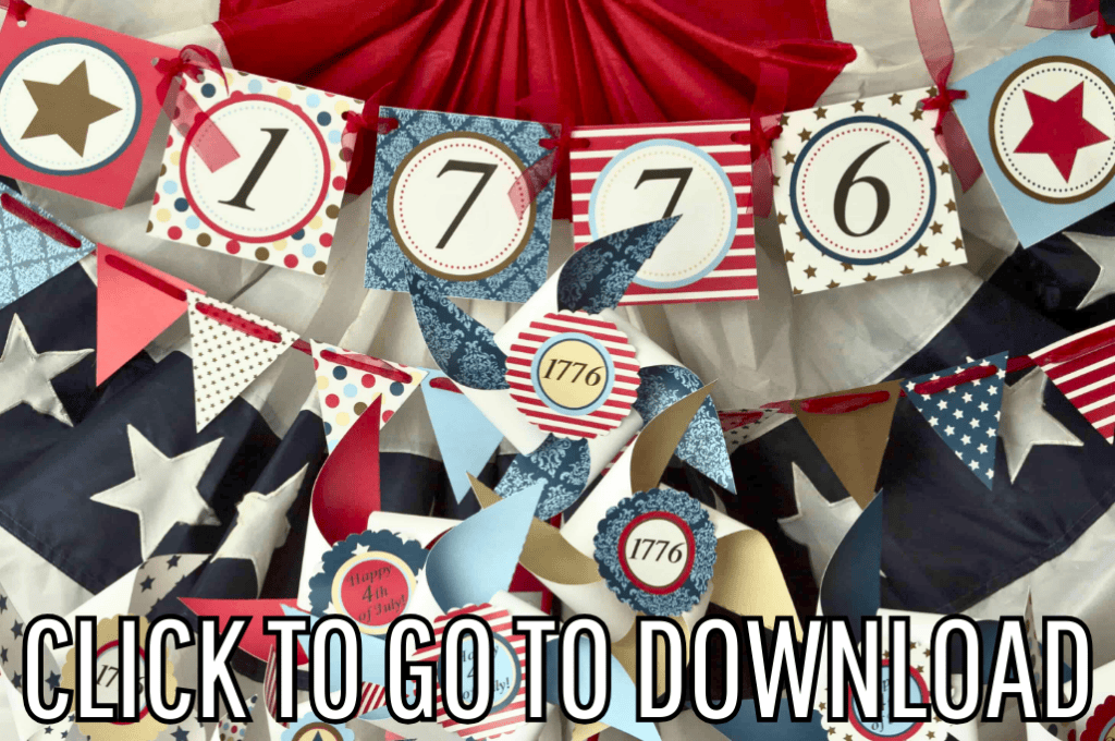 4th of July banner printable, 1776, patriotic decorations, Independence Day parties, and DIY decor, made with free printable and step by step tutorial from fleece fun, with the text "CLICK TO GO TO DOWNLOAD" displayed at the bottom.