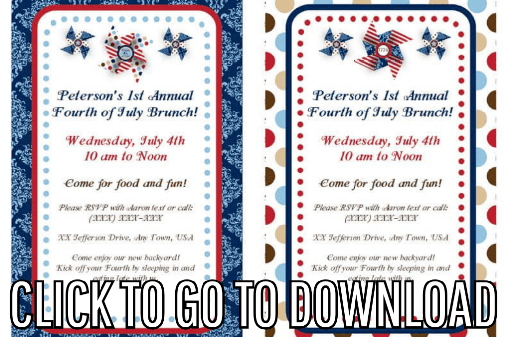 4th of July invitation printable, perfect for patriotic parties, and celebrations, made with free printable and step by step tutorial, from fleece fun, with the text "CLICK TO GO TO DOWNLOAD" displayed at the bottom.