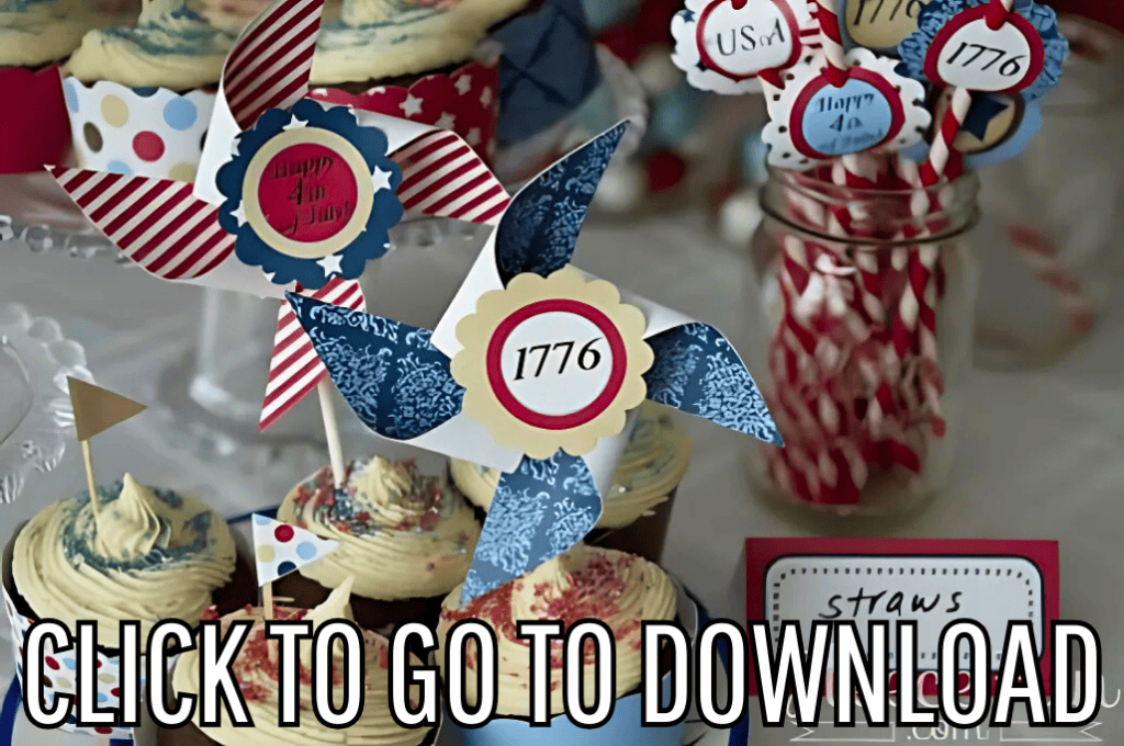 a free printable pinwheel cupcakes toppers for 4th of july, perfect for americana decor and holiday parties, made with free printable and step by step tutorial from fleece fun, with the text "CLICK TO GO TO DOWNLOAD" displayed at the bottom.
