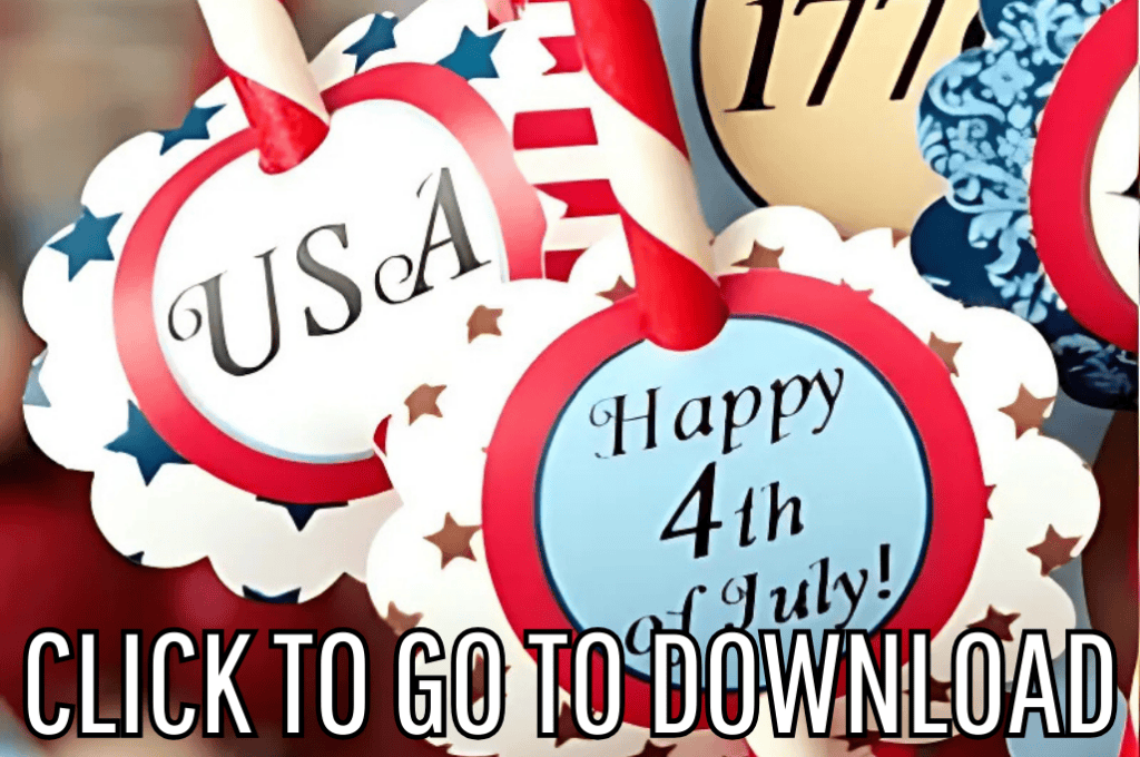 a free printable straw toppers for 4th of july, perfect for americana decor and holiday parties, made with free printable and step by step tutorial from fleece fun, with the text "CLICK TO GO TO DOWNLOAD" displayed at the bottom.