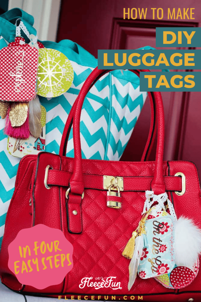 DIY luggage tag made with fabric featuring fleecefun and free template and tutorial