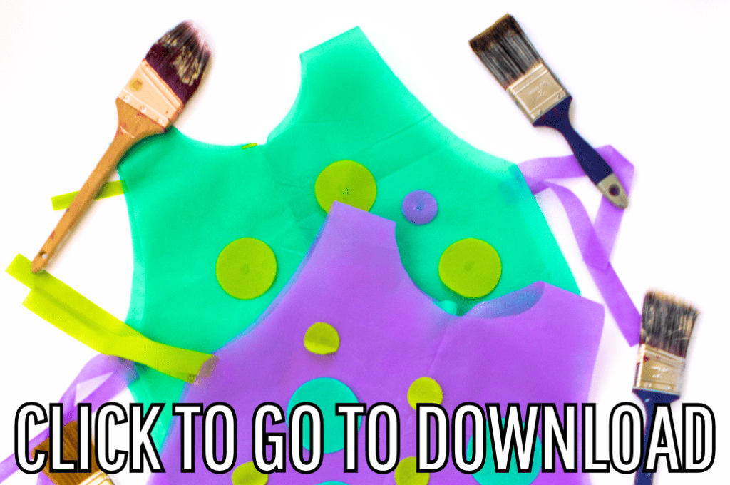 an art smock DIY, perfect for painting, crafting, and messy play for kids, made with free template and step by step tutorial from fleece fun, with the text "CLICK TO GO TO DOWNLOAD" displayed at the bottom.