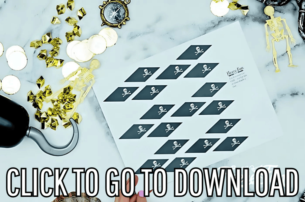 a Pirate Party Mini Jolly Roger Flags Printable, perfect for pirate parties or activites and summer playtime, made with free printable and step by step tutorial from fleece fun, with the text "CLICK TO GO TO DOWNLOAD" displayed at the bottom.