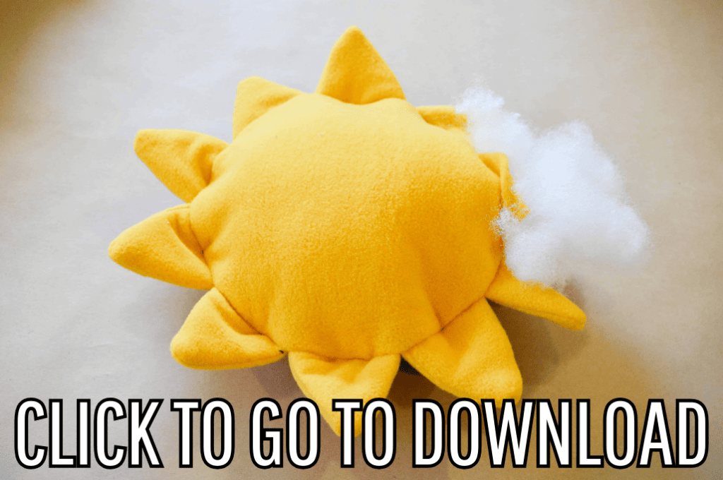 a sunshine softie, perfect for kids, handmade gifts, and DIY sewing projects, made with free pattern and step by step tutorial from fleece fun, with the text "CLICK TO GO TO DOWNLOAD" displayed at the bottom.