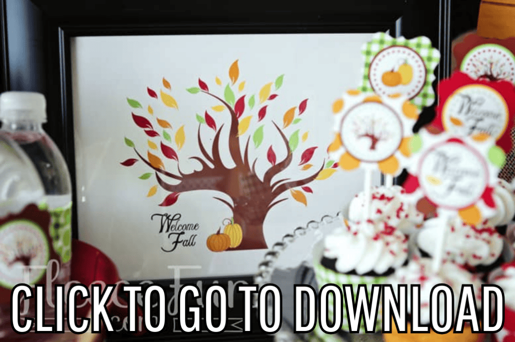 a free printable Cupcake wrapper and toppers, part of the Welcome Fall Collection, perfect for thanksgiving parties and fall dinners or celebrations, made with free printable and step by step tutorial from fleece fun, with the text "CLICK TO GO TO DOWNLOAD" displayed at the bottom.