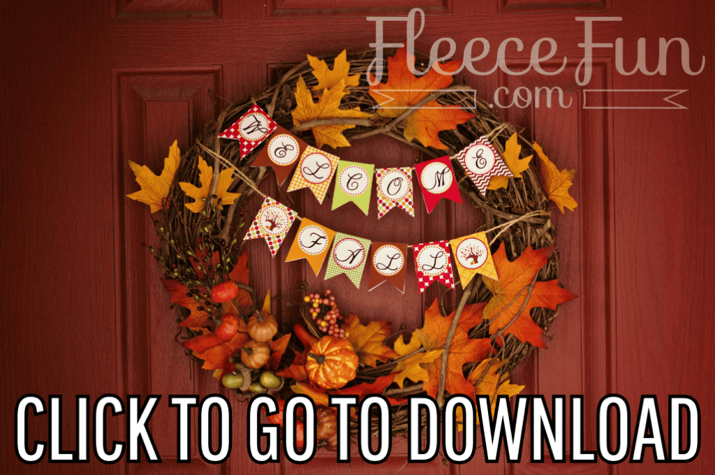 a Fall Mini Banner and Flags, perfect for decorating wreaths for autumn, Thanksgiving celebrations, and DIY crafts, made with free printable and step by step tutorial from fleece fun, with the text "CLICK TO GO TO DOWNLOAD" displayed at the bottom.