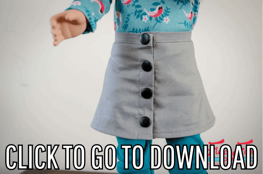 a Button Front Skirt for an 18 Inch Doll, perfect for doll wardrobe and fashion, made with free sewing pattern and step by step tutorial from fleece fun, with the text "CLICK TO GO TO DOWNLOAD" displayed at the bottom.