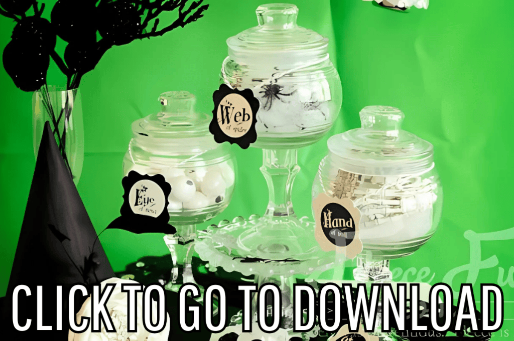 a halloween apothecary jar label, made with free printable and step by step tutorial, from fleece fun, with the text "CLICK TO GO TO DOWNLOAD" displayed at the bottom.