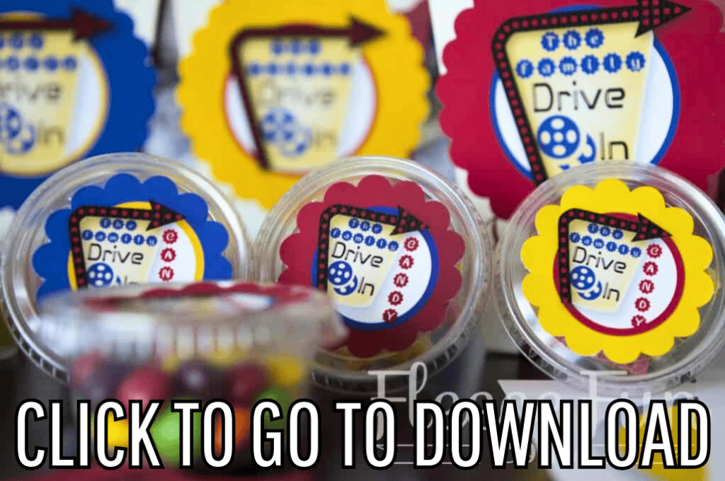 a Free Printable Drive in Theater Candy Labels, perfect for drive in theater party and summer playtime, made with free printable and step by step tutorial, from fleece fun, with the text "CLICK TO GO TO DOWNLOAD" displayed at the bottom.