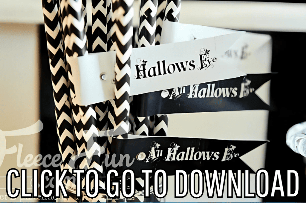 a halloween long flag printable, made with free printable and step by step tutorial, from fleece fun, with the text "CLICK TO GO TO DOWNLOAD" displayed at the bottom.
