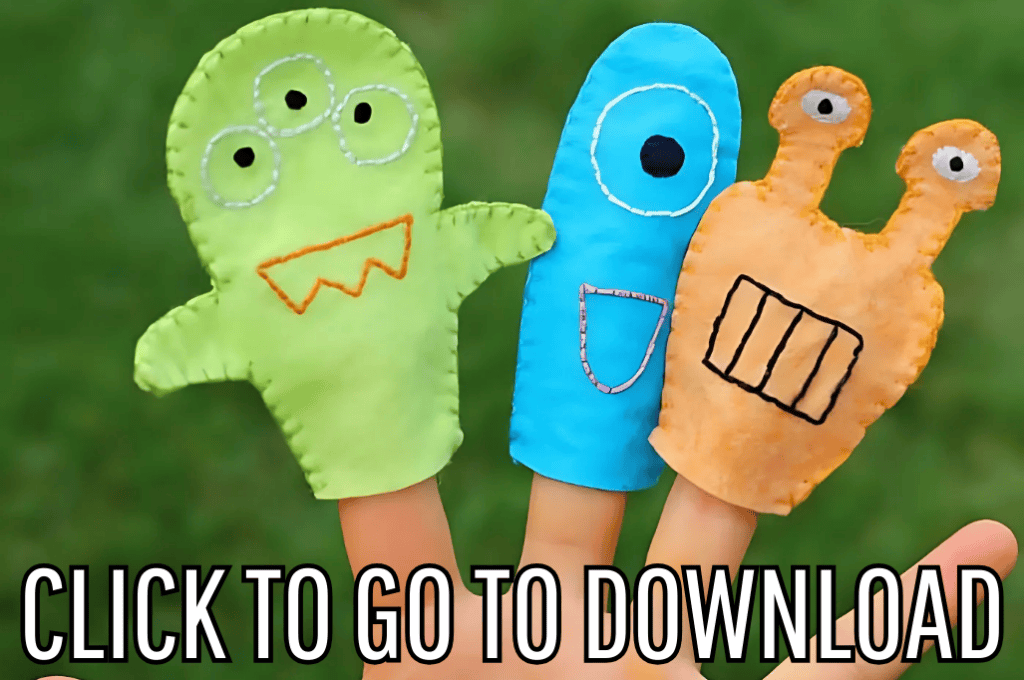a DIY monster finger puppets, perfect for arts and crafts with the kids, handmade toys for gifts, and playtime. made with free pattern and step-by-step tutorial from fleece fun, with the text "CLICK TO GO TO DOWNLOAD" displayed at the bottom.