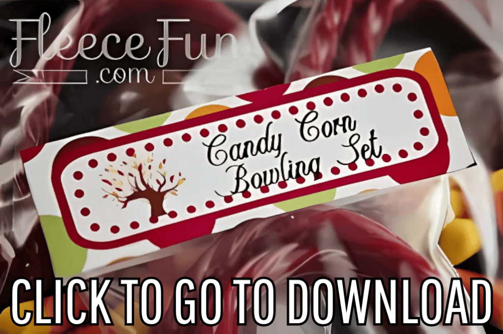 Welcome Fall Candy Corn Bowling Toppers, perfect for fall games, treats, and gifts, made with free printable and step by step tutorial from fleece fun, with the text "CLICK TO GO TO DOWNLOAD" displayed at the bottom.