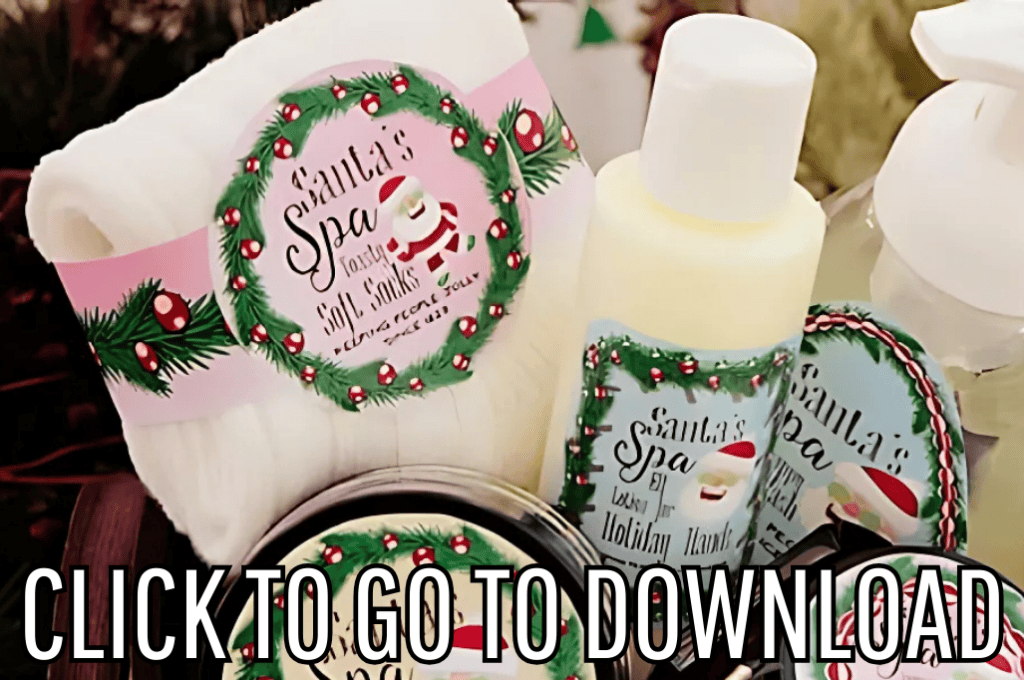a Santa Spa Sock Wrap, perfect for handmade holiday gifts, made with free printable from fleece fun, with the text "CLICK TO GO TO DOWNLOAD" displayed at the bottom.