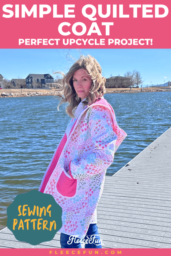 Finished quilted coat shown open from the front, displaying the full silhouette and hood
