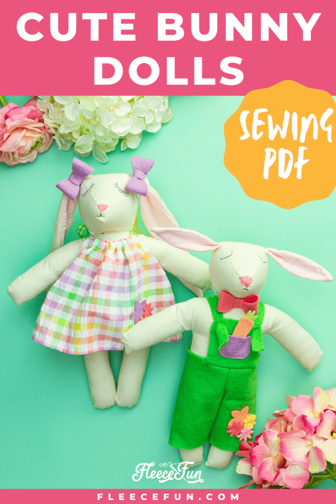 Handmade Easter bunny dolls in spring colors, one in overalls and one in a dress